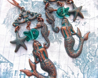 Mermaid Chandelier, Seashore, Beach Theme, Ocean Theme, Aqua Copper Patina, Seahorse, Starfish, Triple Dangle, MockiDesigns, Gift Wrapped