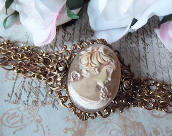 SALE, Multi Chain Bracelet, Cameo on Vintage Filigree, Cameo & Chain, Fancy Toggle Closure, Victorian Lady Cameo, MockiDesigns, Gift Wrapped