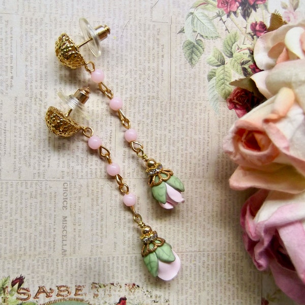 Baby Pink Rose Bud, Rose Bud Dangle, Bud and Filigree Post, Vintage Rosary Chain, MockiDesigns, Gift Wrapped