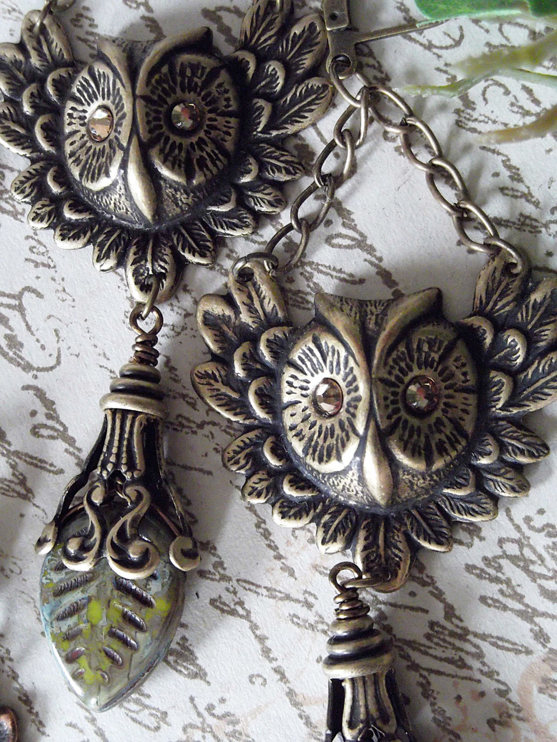 Owl Earrings, Bird Earrings, Swarovski Rhinestone, Brass Owls,Czech Glass Leaf, Ornate Bead Caps, Fa