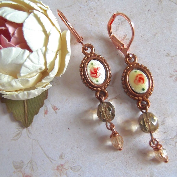 Petite Floral Drop, BSue by 1928 Gingerbread,Vintage Enamel Flower Cab, Czech Glass, Faceted Drops, MockiDesigns, Gift Wrapped