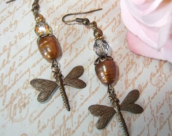 Chocolate Ox Brass, Dragonfly Dangle, Sparkle Dangle, Cultured Pearl, Bronze Pearl,Czech Crystal,Crystal and Pearl,MockiDesigns,Gift Wrapped