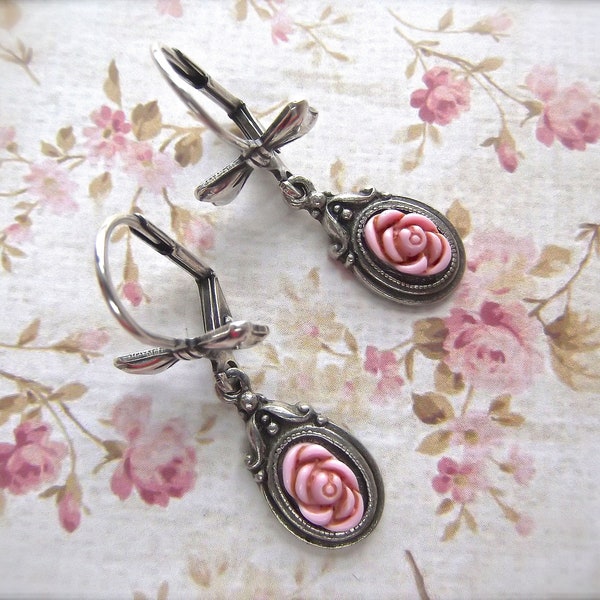 Petite Rose Earrings, Rose Drops, Rose and Bow, Roses and Bows, Old Silver Pewter, BSue by 1928, Silver and Rose, MockiDesigns, Gift Wrapped