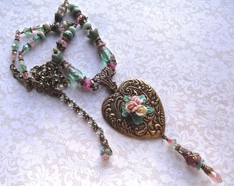 Brass Ox Heart, Heart & Czech Bell Caps, Pink and Green, Romantic Heart, Floral Heart, Embossed Heart. Large Heart,MockiDesigns,Gift Wrapped