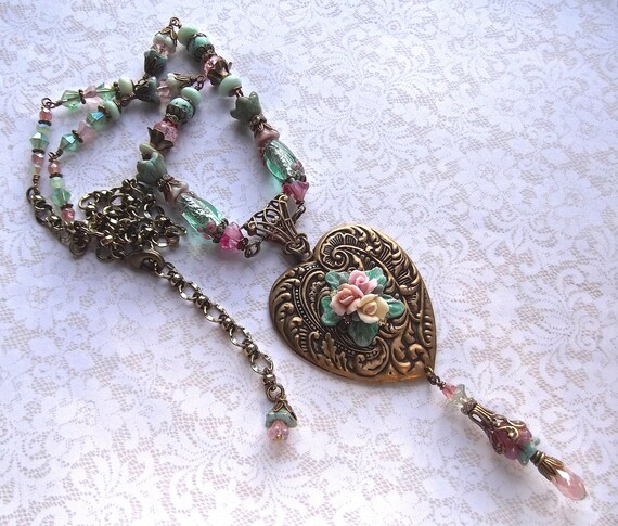 Brass Ox Heart, Heart & Czech Bell Caps, Pink and Green, Romantic Heart, Floral Heart, Embossed Heart. Large Heart,MockiDesigns,Gift Wrapped