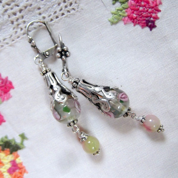 Victorian Bead Cap, Rose Glass Bead, Bead and Dangle, Silver Plated, Silver and Glass, MockiDesigns, Gift Wrapped