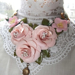 Pink Roses, Leaves, Vintage Floral Ribbon, Bib Necklace,Garden Necklace,Floral Bib,Pink Flowers Bib,Large Rose Bib,MockiDesigns,Gift Wrapped
