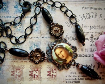 Mona Lisa Necklace, Mona Lisa Cameo, Black Filigree, Black Brass, Czech Glass Flower, OOAK, MockiDesigns, Gift Wrapped