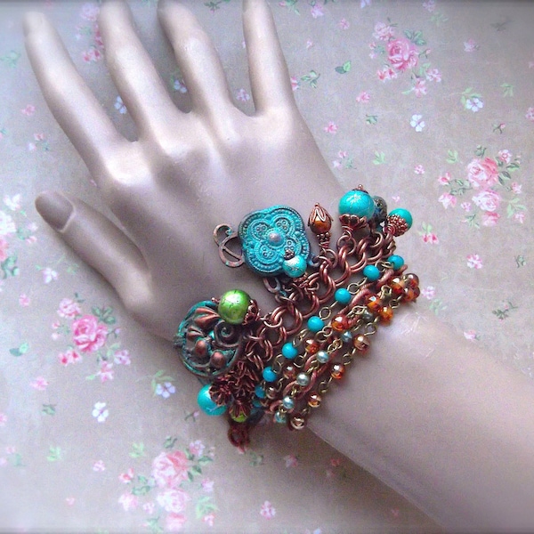 Multi Strand,Charm Bracelet,B'Sue by 1928 Charms,Vintage Chain,Turquoise Green,Verdigris Charms,Rosary Chain,MockiDesigns,Gift Wrapped