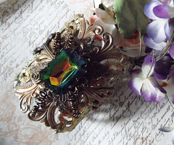 Unique Cuff, Filigree Wide Cuff, Torch Painted Filigree, Patina Filigree Cuff, Large Vitrail Stone, Cuff & Arrow, MockiDesigns ,Gift Wrapped