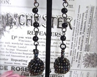 Long Black Drops, Black Beaded Ball, Vintage Seed Beads, Seed Bead Boll, Ball Drops, Peacock Black, MockiDesigns, Gift Wrapped