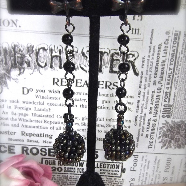 Long Black Drops, Black Beaded Ball, Vintage Seed Beads, Seed Bead Boll, Ball Drops, Peacock Black, MockiDesigns, Gift Wrapped