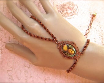 Slave Bracelet,Hand Flower,Mona Lisa Cameo,BSue by 1928,Gingerbread Patina,Vintage Cameo,Floral Cameo,Flower Cameo,MockiDesigns,Gift Wrapped