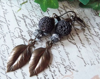 Lava Bead & Leaf, Brown Leaf Drop, Vintage Rhinestone Rondelle, Chocolate Ox Birch Leaf, Leaf Dangle Earring, MockiDesigns, Gift Wrapped