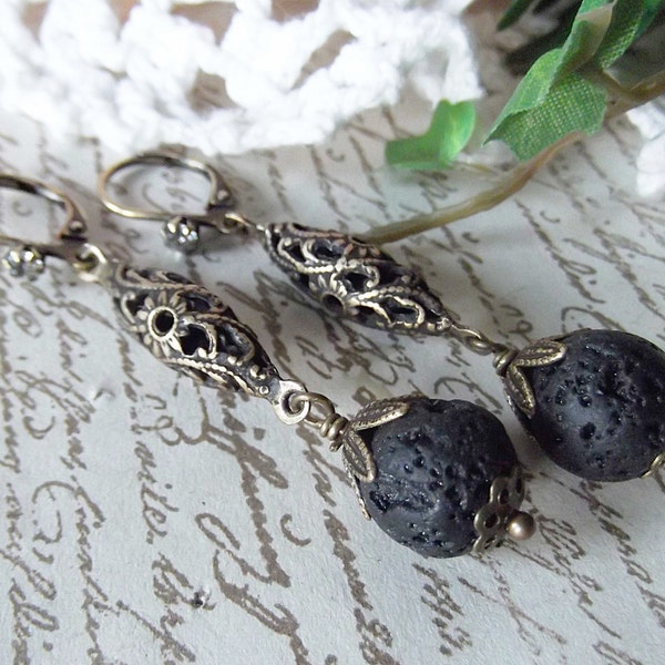 Filigree & Lava Bead,Brass and Lava,Antiqued Brass Filigree,Filigree Connector,Lava Bead Dangle,Lava Bead Earrings,MockiDesigns,Gift Wrapped