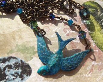 Blue Patina Bird With Swarovski Crystals & Antiqued Brass Chain, MockiDesigns, Gift Wrapped