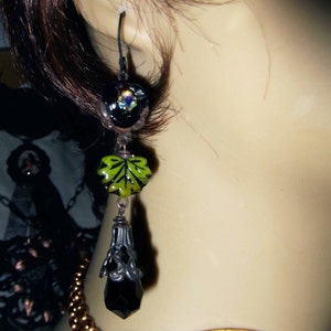 Rusty Black Dangles,Czech Glass Leaf,Black Rose and Crystal,Long Dangles,Victorian Dangles,Black & Green Dangles,MockiDesigns,Gift Wrapped image 4