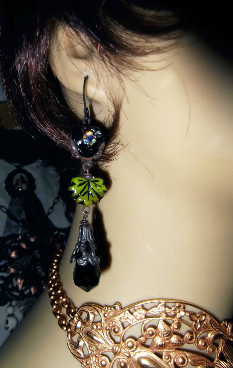 Rusty Black Dangles,Czech Glass Leaf,Black Rose and Crystal,Long Dangles,Victorian Dangles,Black & Green Dangles,MockiDesigns,Gift Wrapped image 4