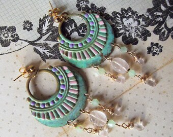 Verdigris Rose Quartz Crystal Shabby Hand Painted Brass Chandelier Earrings