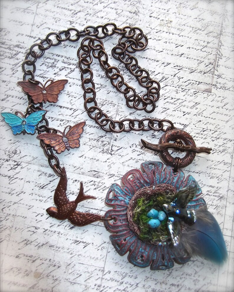 Gift Wrapped MockiDesigns Nest /& Turquoise Eggs Oven Patina Birdsnest All A Flutter Necklace Birds and Butterflies Moss and Eggs