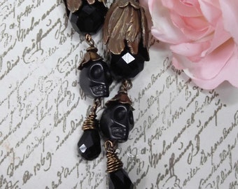 Long Dangle, Chocolate Ox Brass, Vintage Faceted Glass Beads, Carved Skull Bead, Black Magnesite Skull, Goth, MockiDesigns, Gift Wrapped