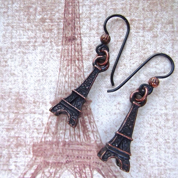 B'Sue by 1928 Charms, Eiffel Tower Dangle, BSue by 1928, Niobium Earwire, Rusty Iron Patina, Le Tour D'Eiffel, MockiDesigns, Gift Wrapped