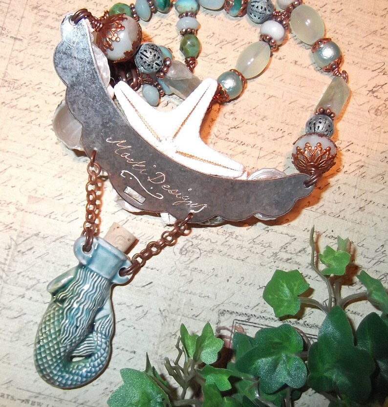 Under The Sea, Mermaid Bottle, Starfish, Shell and Semi Precious Stones, Beaded Bib Necklace, MockiDesigns, Gift Wrapped image 5