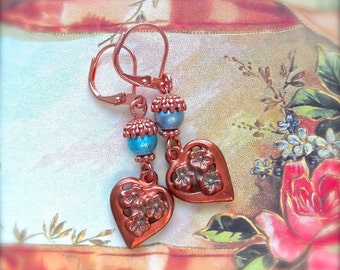 BSue by 1928,Floral Heart Charm,Gingerbread Charm,Heart Flower Dangle,Charm Earring,Gingerbread Patina,Turquoise,MockiDesigns,Gift Wrapped