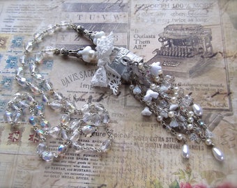 Padlock Necklace, Long Tassel Padlock, BSue by 1928, White Padlock Tassel, Rosary Chain Tassel, Pearl & Crystal,Czech Bell Caps,Rosary Chain