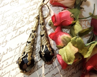 Filigree Dangles, Brass and Black, Antiqued Brass, Filigree Cone Dangles, Black Vintage Bead, Faceted Jet Bead, MockiDesigns, Gift Wrapped