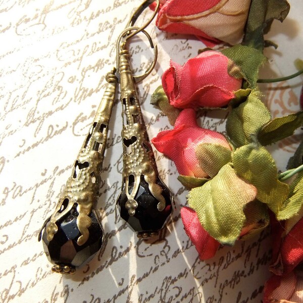 Filigree Dangles, Brass and Black, Antiqued Brass, Filigree Cone Dangles, Black Vintage Bead, Faceted Jet Bead, MockiDesigns, Gift Wrapped