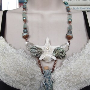 Under The Sea, Mermaid Bottle, Starfish, Shell and Semi Precious Stones, Beaded Bib Necklace, MockiDesigns, Gift Wrapped image 2