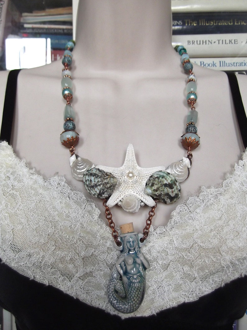 Under The Sea, Mermaid Bottle, Starfish, Shell and Semi Precious Stones, Beaded Bib Necklace, MockiDesigns, Gift Wrapped image 2