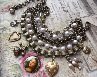 Multi Strand Bracelet, Charm Bracelet, Mona Lisa, Rhinestone and Brass, Vintage Rosary Chain,Multi Layer Bracelet,MockiDesigns, Gift Wrapped