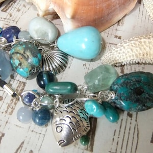 The Teals, Body Lariat, Cluster Tassel, Beach Theme,Semi Precious, Nugget Stones, Boho, Hippie, Fish Charm, OOAK, MockiDesigns, Gift Wrapped image 1