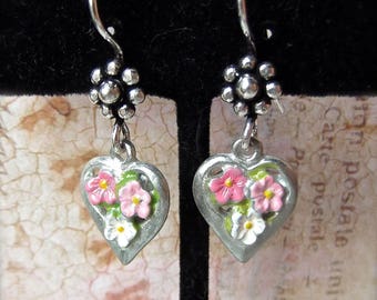 Floral Dangles,BSue by 1928,HandPainted,Flowers & Heart,Sterling Silver Hook,Pink Roses,Silver w Roses,Heart Drops,MockiDesigns,Gift Wrapped