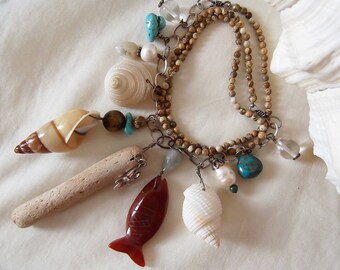 Sterling Silver,Carved Charm Necklace,Beach,Pearl & Shell,Carnelian,Milky Aqua,Tiger Eye,Picture Jasper,Turquoise,MockiDesigns,Gift Wrapped