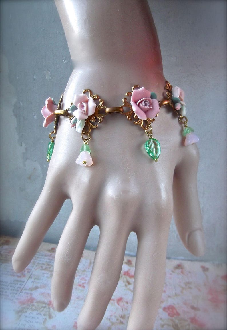 Brass Filigree Bracelet Vintage Ceramic Roses,Czech Bell Caps,Czech Glass,Romantic Flowers,Rose Bracelet Vintage Brass Filigree and Roses