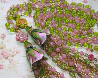 Floral Tassel, Tassel Lariat Set, Long Lariat, Rose Tassel, Green and Pink, Handpainted Rose, MockiDesigns, Gift Wrapped, Summer Lariat