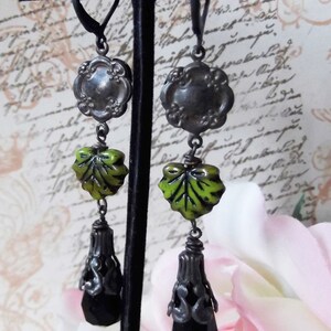 Rusty Black Dangles,Czech Glass Leaf,Black Rose and Crystal,Long Dangles,Victorian Dangles,Black & Green Dangles,MockiDesigns,Gift Wrapped image 5