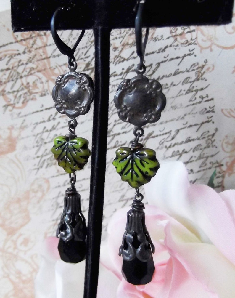 Rusty Black Dangles,Czech Glass Leaf,Black Rose and Crystal,Long Dangles,Victorian Dangles,Black & Green Dangles,MockiDesigns,Gift Wrapped image 5