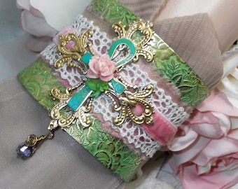 Verdigris Green Cuff,Ankh,Etched Floral Brass,Sari Silk,Lace,Velvet, Maltese Cross,Czech Vitrail Briolette Dangle,MockiDesigns,Gift Wrapped