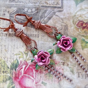 Gingerbread Earrings,BSue by 1928,Rose Earrings,Hand With Rose,Pink Rose Earrings,Bow Leverbacks,Rose Cup Chain,MockiDesigns,Gift Wrapped