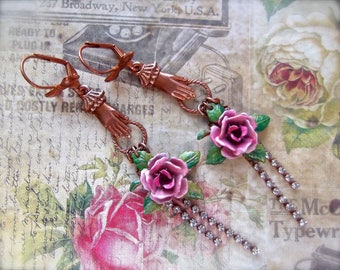 Gingerbread Earrings,BSue by 1928,Rose Earrings,Hand With Rose,Pink Rose Earrings,Bow Leverbacks,Rose Cup Chain,MockiDesigns,Gift Wrapped