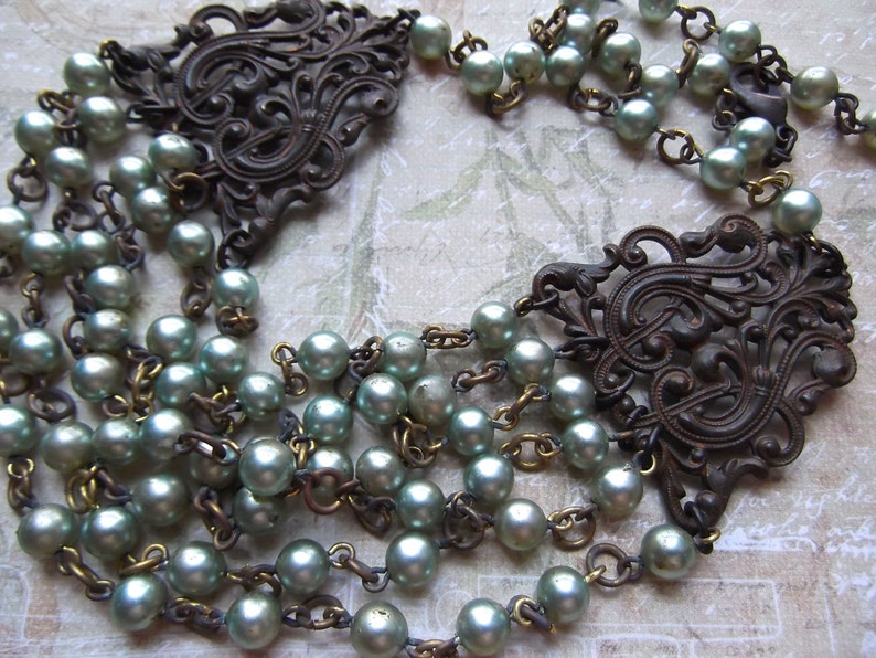 Vintage Faux Pearls, Chippy Shabby, Faux Pearl, Multi Chain, Rosary Pearl,Rusty Black Filigree, Victorian Filigree,MockiDesigns,Gift Wrapped image 3