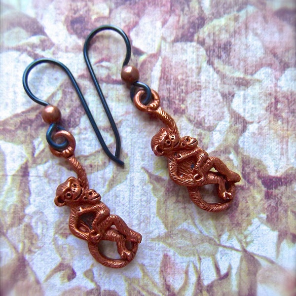 BSue by 1928 Charm,Monkey Charm,Gingerbread Charm,Monkey and Baby,Charm Earring,Gingerbread Patina,Niobium Earwire,MockiDesigns,Gift Wrapped