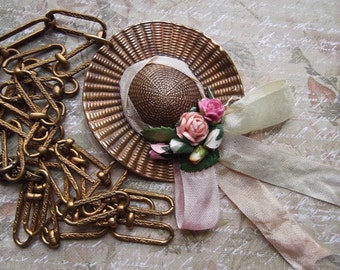Vintage Summer Bonnet, Brass Bonnet, With Flowers & Ribbon, Vintage Textured Chain, MockiDesigns, Gift Wrapped