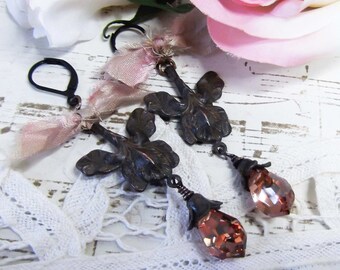 Rusty Black Patina Iris,Czech Pink Briolette,Tattered Sari Silk,Ribbon Dangle,Flower & Pink Crystal,Chippy Shabby,MockiDesigns,Gift Wrapped