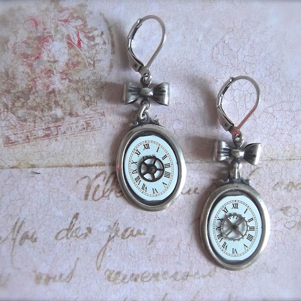 Steampunk Silver Drops, Silver Dangles,Clockface 1928,Fine Silver Plated Brass,Clockface with Gears,Bow Leverback,MockiDesigns, Gift Wrapped