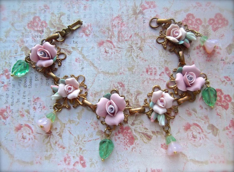 Brass Filigree Bracelet Vintage Ceramic Roses,Czech Bell Caps,Czech Glass,Romantic Flowers,Rose Bracelet Vintage Brass Filigree and Roses
